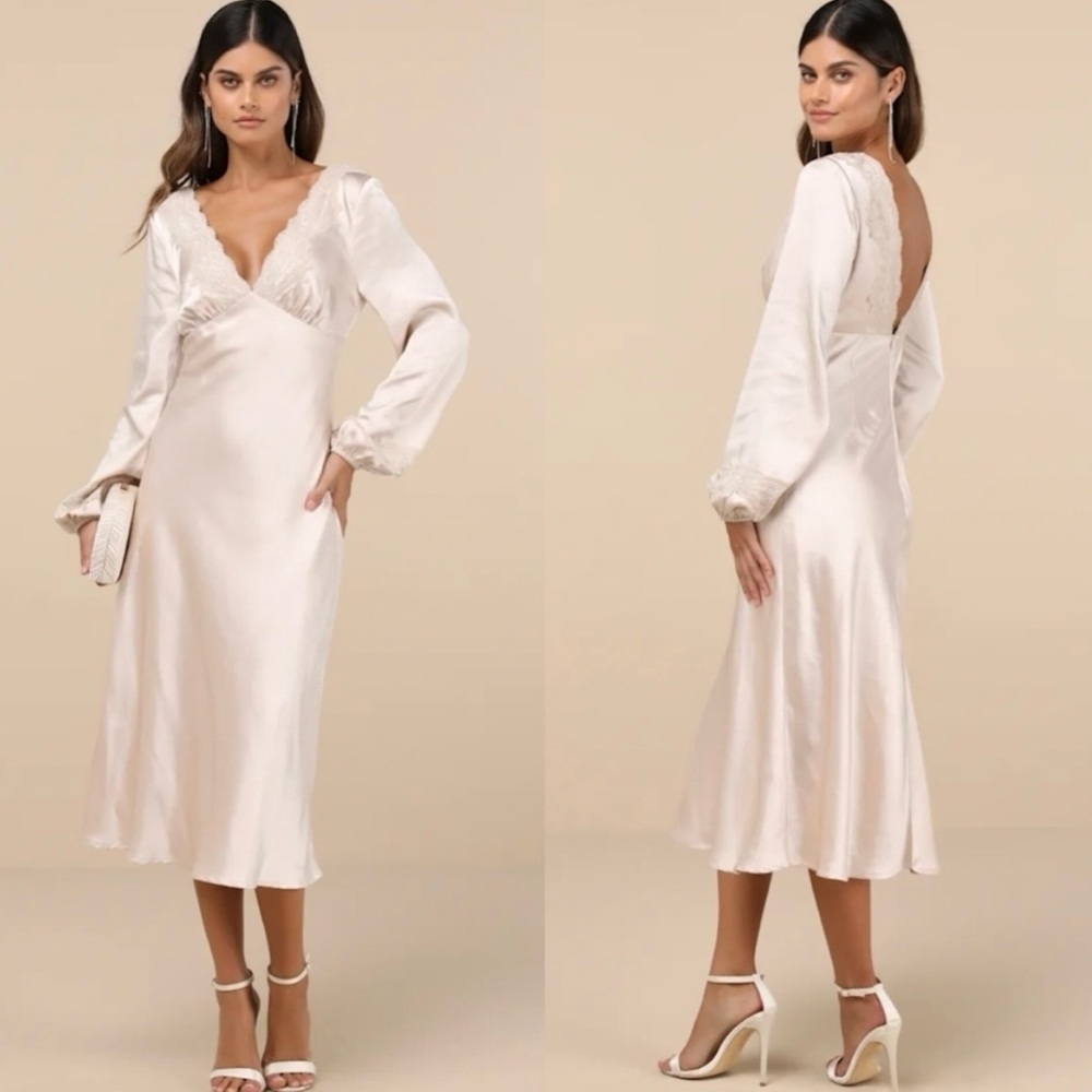 NWT - Lulus Illustrious Elegance Satin Lace Long Sleeve Midi Dress Champagne
